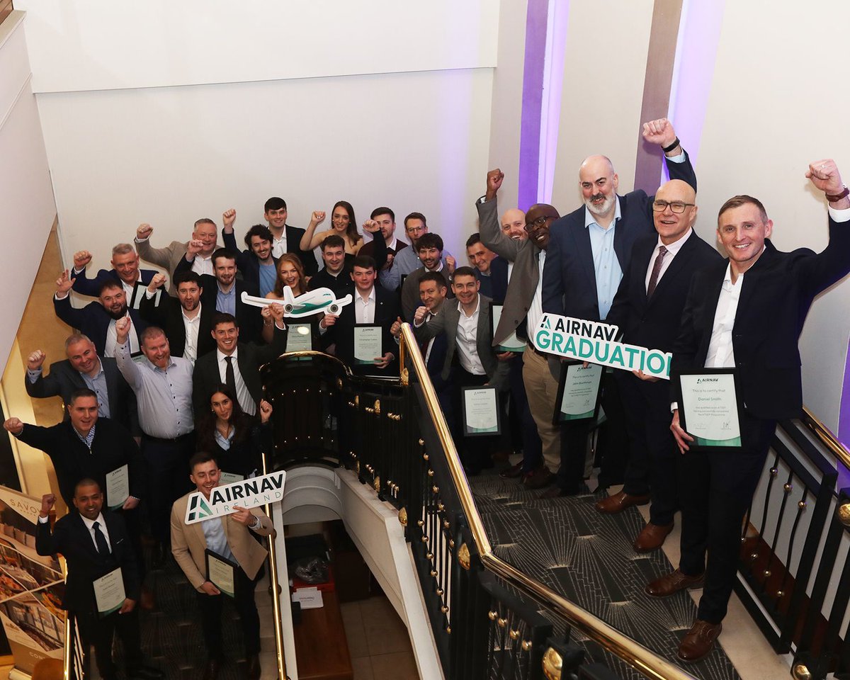 AirNav_Ireland's tweet photo. 🎓🎉 A fantastic day in Limerick celebrating our newest AirNav Ireland graduates! Huge congratulations to our newly qualified ATCOs, ATSEPs and Radio Officers. We’re so proud and can’t wait to see their careers soar. Well done to all! #ATCO #ATSEP #RadioOfficer #AirNavIreland https://t.co/TfUZ7HXmch