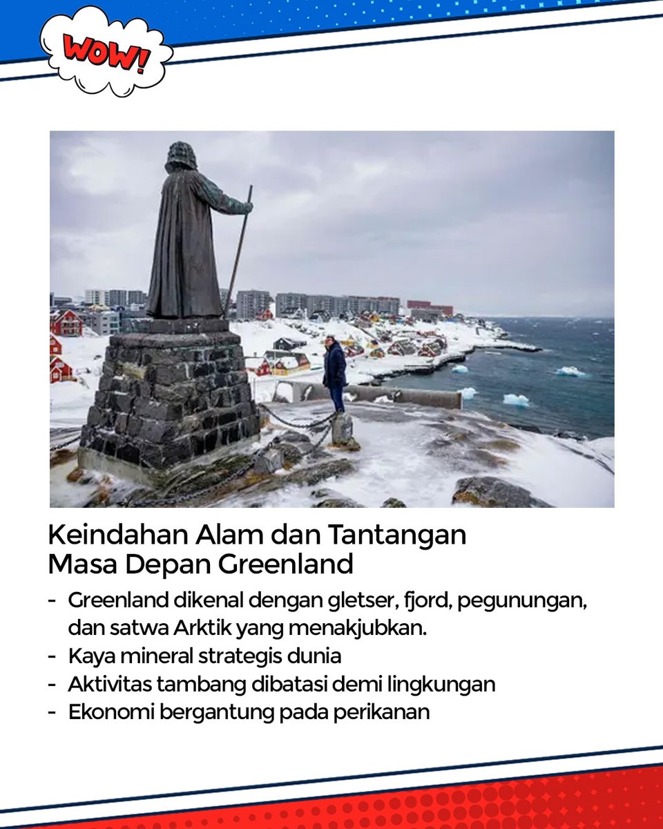 wownewsofc's tweet photo. Greenland kembali jadi sorotan dunia setelah Donald Trump menyatakan keinginannya menjadikan pulau ini bagian dari Amerika Serikat.

Pulau terbesar di dunia ini kaya mineral, punya posisi strategis, dan menyimpan keindahan alam luar biasa. Namun, di balik itu, Greenland juga meng https://t.co/DXat7h0eOB
