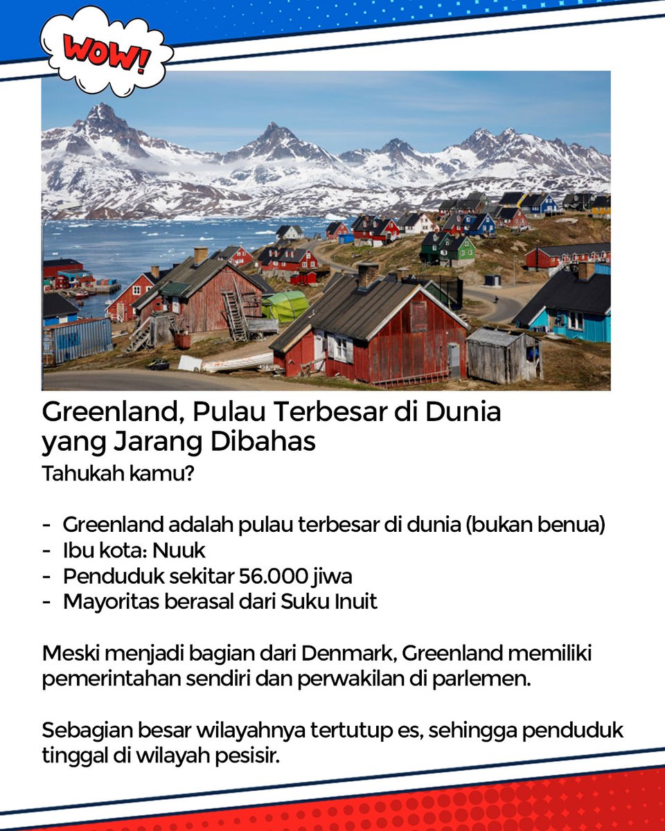 wownewsofc's tweet photo. Greenland kembali jadi sorotan dunia setelah Donald Trump menyatakan keinginannya menjadikan pulau ini bagian dari Amerika Serikat.

Pulau terbesar di dunia ini kaya mineral, punya posisi strategis, dan menyimpan keindahan alam luar biasa. Namun, di balik itu, Greenland juga meng https://t.co/DXat7h0eOB