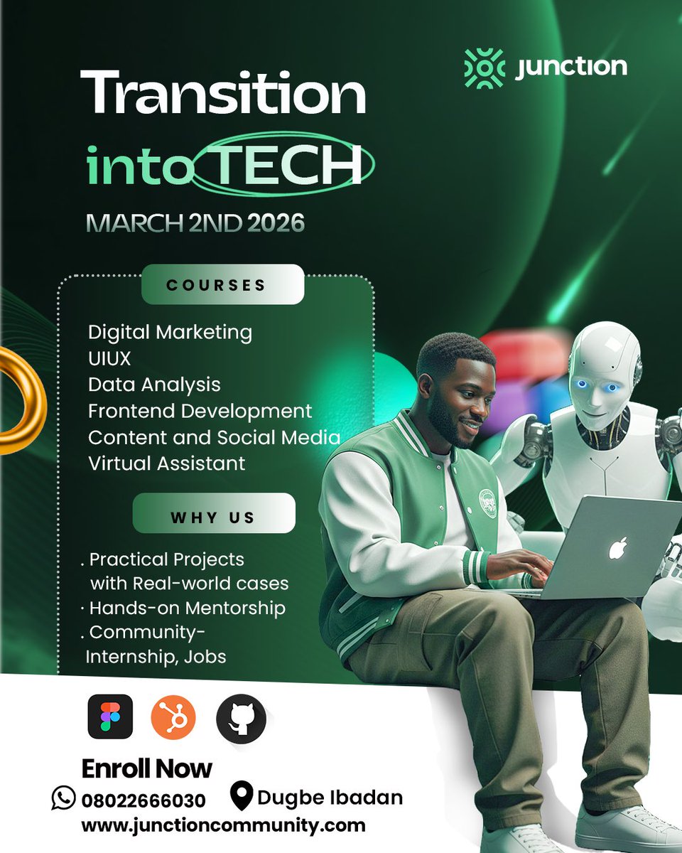 JunctionComm's tweet photo. Want to start a tech career but don’t know where to begin? 

Learn in-demand skills, work on real projects, get mentorship, and join a tech community.

Courses: UI/UX, Data Analysis, and more: Virtual Assistant ( Scholarship Available)
⏱ 2–3 Months | 📍 Dugbe, Ibadan

Enroll Now https://t.co/7E1Y3Fz6PO