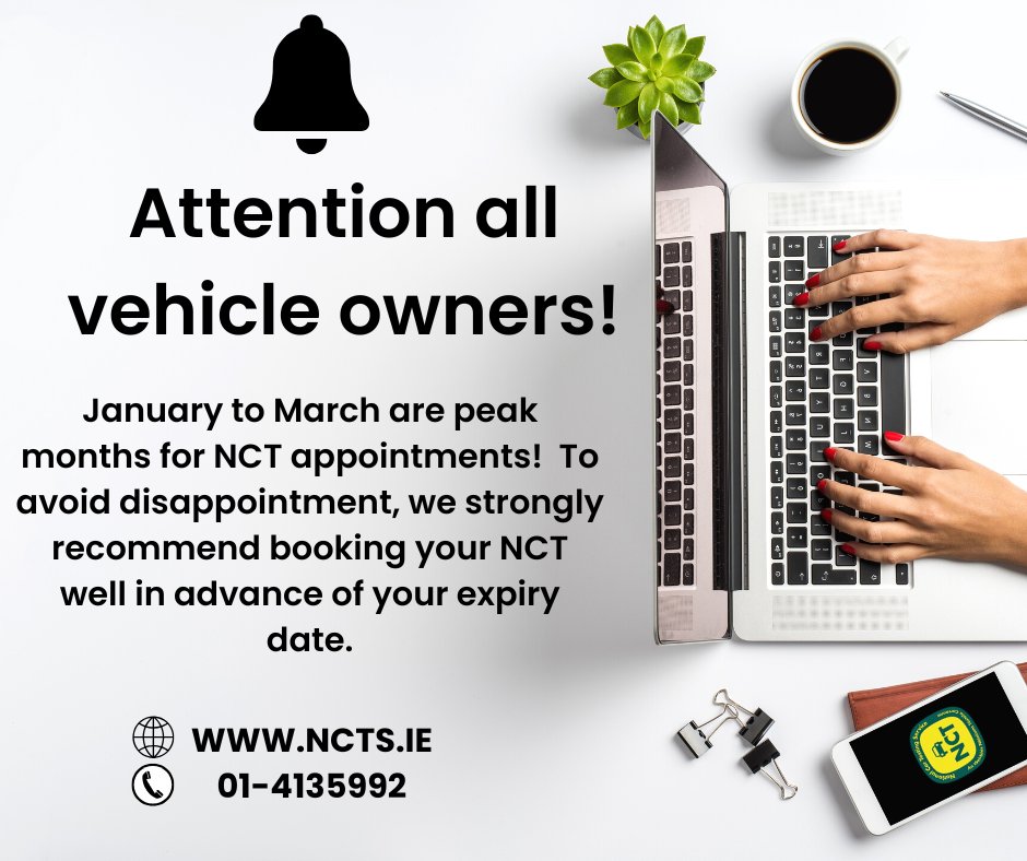 NCTIreland's tweet image. 🚗🔧 Attention vehicle owners! 🗓️ January-March is peak NCT season! Don't let your registration expire—book early to secure your slot! #NCT #VehicleSafety #BookAhead 🛠️✨