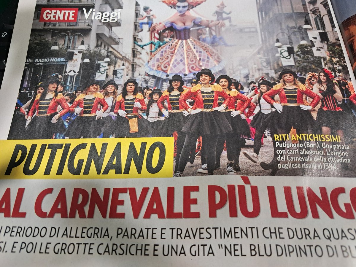Il carnevale di putignano su <a href="/Gente_ufficiale/">Gente settimanale</a> per scoprire la tradizione e la bellezza della puglia <a href="/TgrRaiPuglia/">Tgr Rai Puglia</a> @carnevale <a href="/radionorba/">Radio Norba</a> <a href="/TgNorba24/">TgNorba24</a> <a href="/RaiTre/">Rai3</a> <a href="/Tg3web/">Tg3</a>