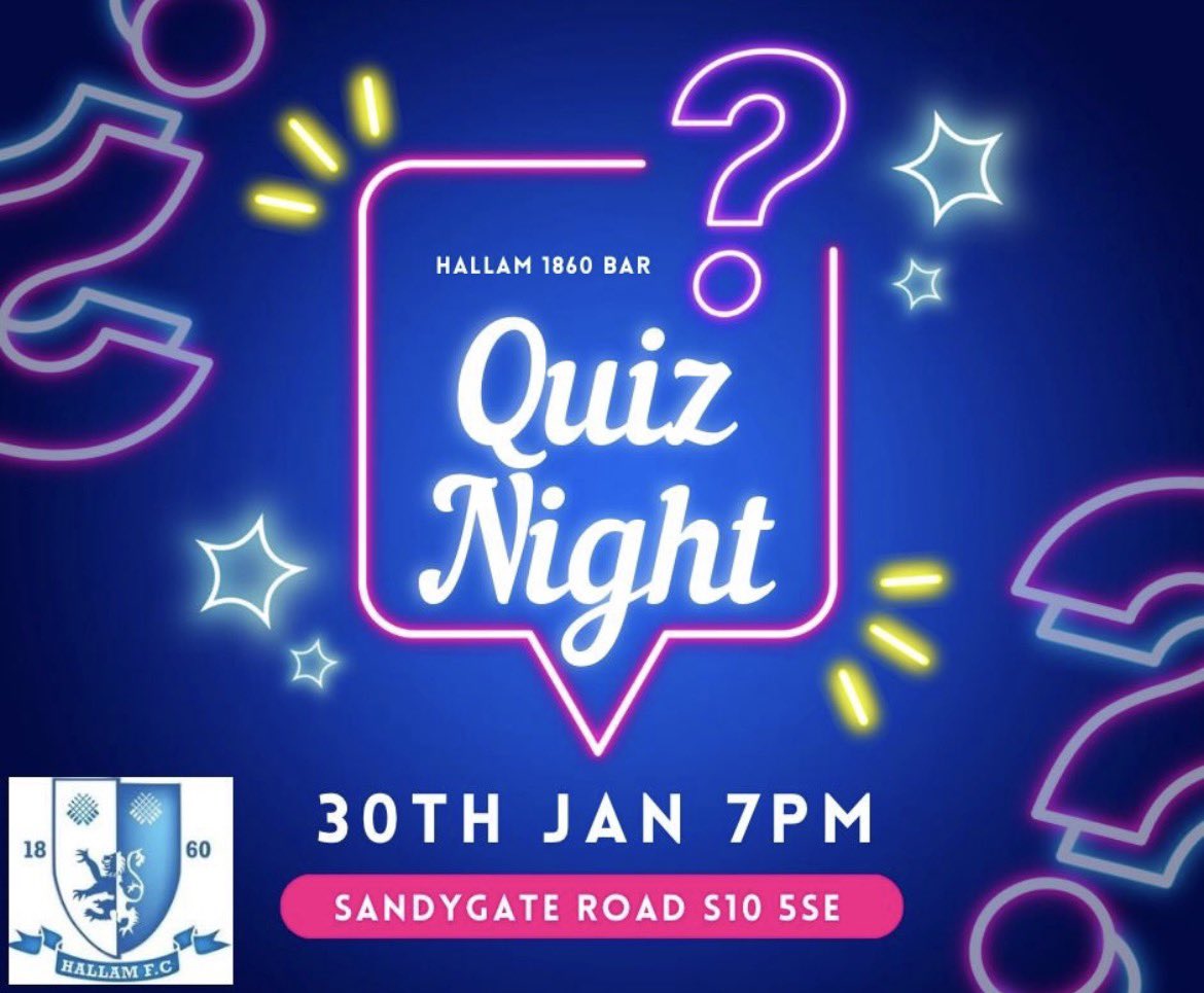 Quiz Night and Merchandise Sale ✍🏻👕 

Our next quiz night will be the 30th of January in the 1860 Bar, with merchandise also being on sale from 6pm ahead of a 7pm start for the quiz. 

Always a good night, so we hope to see you there! 👋🏻 

#HallamFC