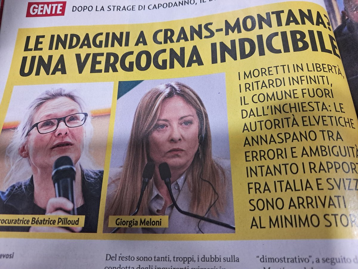 Su <a href="/Gente_ufficiale/">Gente settimanale</a> lo sdegno della premier <a href="/GiorgiaMeloni/">Giorgia Meloni</a> sulla strage elvetica  di @cransmontanier <a href="/Palazzo_Chigi/">Palazzo_Chigi</a> <a href="/FratellidItalia/">Fratelli d'Italia 🇮🇹</a>