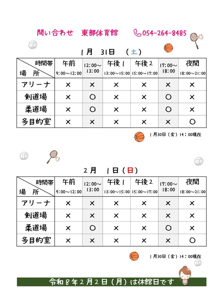 明日で１月も終わりです…😥

✔今週末の体育館空き情報
今週末は🏀大会のためアリーナの空きがありません🙇
柔剣道場も、団体予約が入っているため、ほぼ埋まっています🙇
駐車場も混み合う予報🚙🚙🚙⚠

２月２日（月）は休館日です㊡