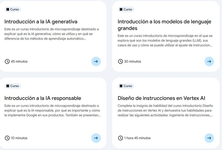 virginiog's tweet image. Formación gratuita para iniciarse en IA de Google Principiante: Ruta de aprendizaje de Introducción a la IA generativa en 5 minicursos

Desde la IA generativa y aspectos básicos de los modelos de lenguaje grandes hasta los principios de la IA responsable
skills.google/paths/118
