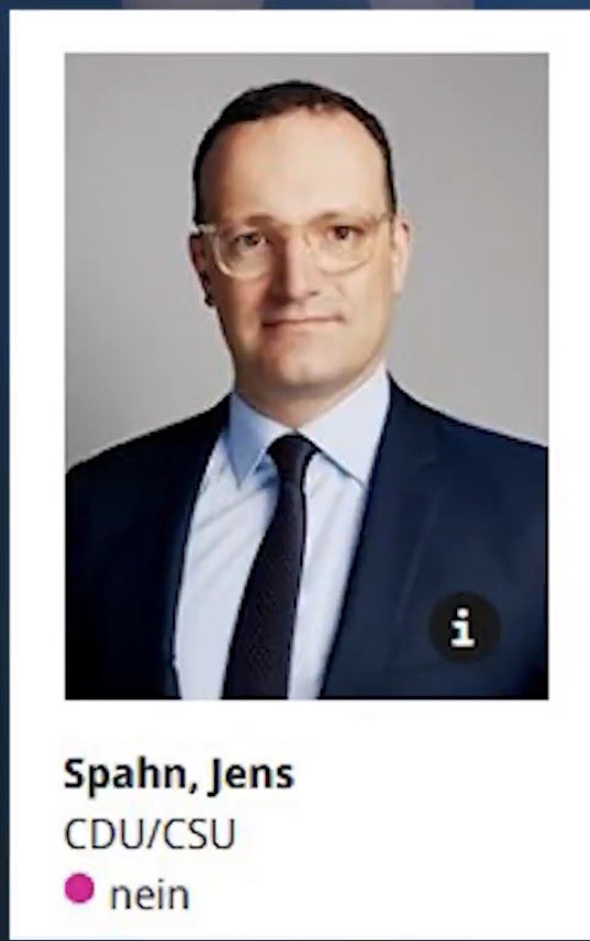 <a href="/TimKoffiziell/">Tim Kellner</a> So hat <a href="/jensspahn/">Jens Spahn</a>  übrigens abgestimmt der verlogene Coronamasken Betrüger. Wie man es kennt von ihm,  schon wieder gelogen 🤥  hatte er doch Tags zuvor selbst die Abschaffung gefordert.  So menschlich verkommen muss man erstmal sein dann  mit Nein zu stimmen 🤮