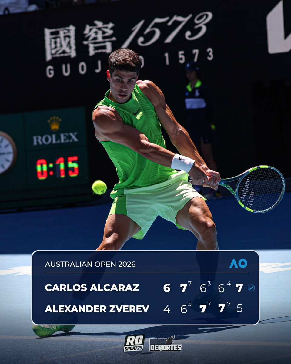 Una completa locura 🤯

En una batalla épica que superó las cinco horas, Carlos Alcaraz selló su pase a la final del Australian Open: venció a Alexander Zverev con un marcador de 6-4, 7-6, 6-7, 6-7 y 7-5. 🎾💪🏻🇪🇸

#CarlosAlcaraz #Alcaraz #AustralianOpen #AO26 #Tenis