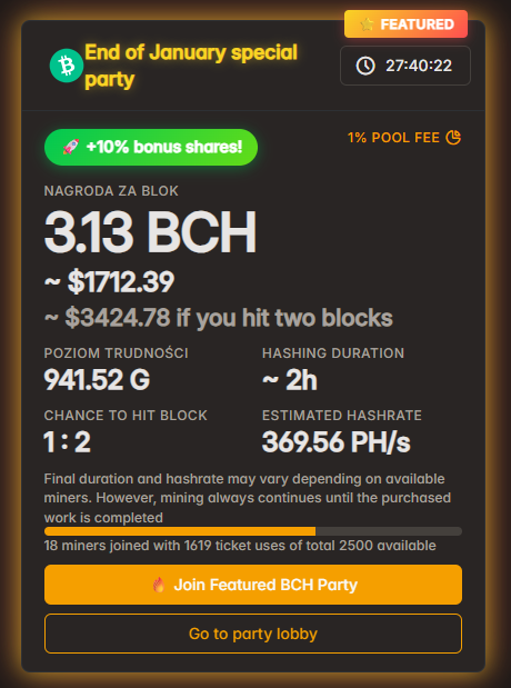 letsmineit's tweet image. 🚨 Almost sold out! The End of January Special Party is nearly full — last tickets are going fast.
Grab yours now before it’s too late 👉letsmine.it/party
#Bitcoin #BTC #BCH #Crypto #Cryptocurrency #Blockchain #letsmine