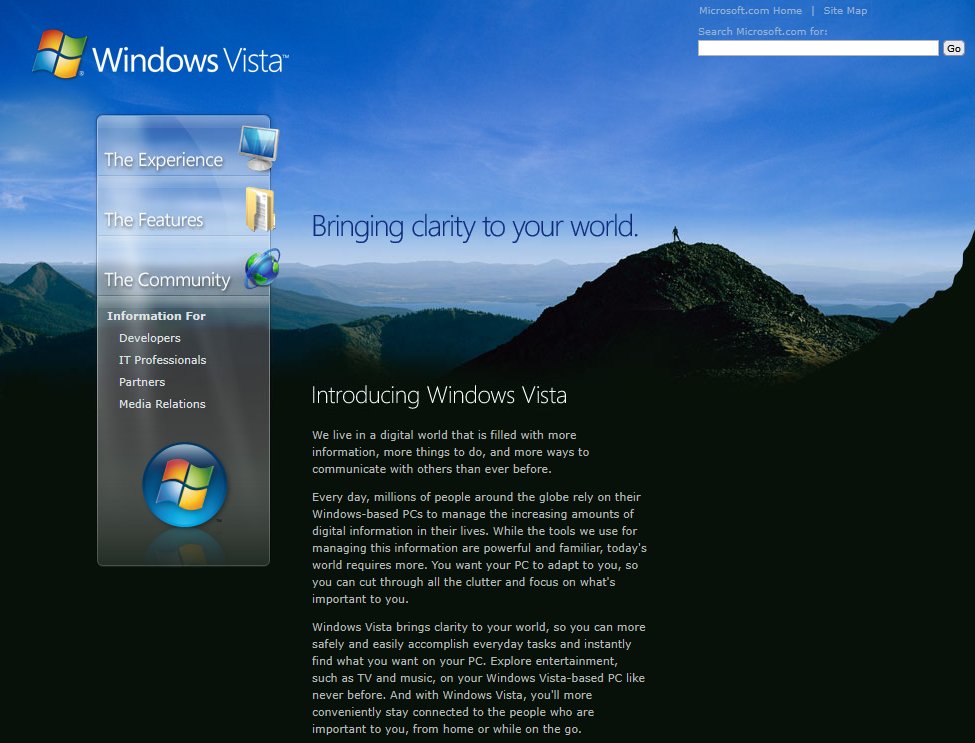 Внесёт ясность в ваш мир

Именно с таким слоганом состоялся публичный релиз Windows Vista ровно 19 лет назад, после нескольких лет (практически сразу после выхода Windows XP) разработки под именем Windows Longhorn и перезагрузки проекта по факту "с нуля"