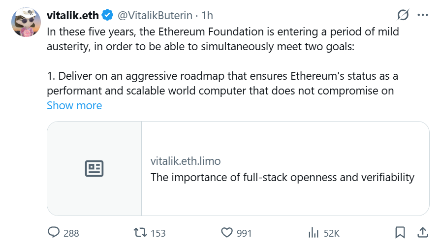 MetaEraHK's tweet photo. 🧩 Ethereum Foundation Signals Mild Austerity

@ethereumfndn is entering a phase of mild austerity to support its long-term roadmap and sustainability, according to @VitalikButerin. Vitalik said he has withdrawn 16,384 ETH to fund open-source, secure, and verifiable full-stack infrastructure, including privacy tech and decentralized systems.

The foundation reaffirmed its focus on self-sovereignty, privacy, and decentralization, prioritizing “Ethereum for people who need it.”

#Ethereum #ETH #Vitalik #CryptoNews #Web3