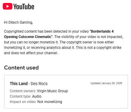 ditechgaming's tweet photo. @Borderlands Received a copyright claim one of my Borderland video. Gonna replace the song in 48 hours unless it sort out. https://t.co/oUmfBBFph7