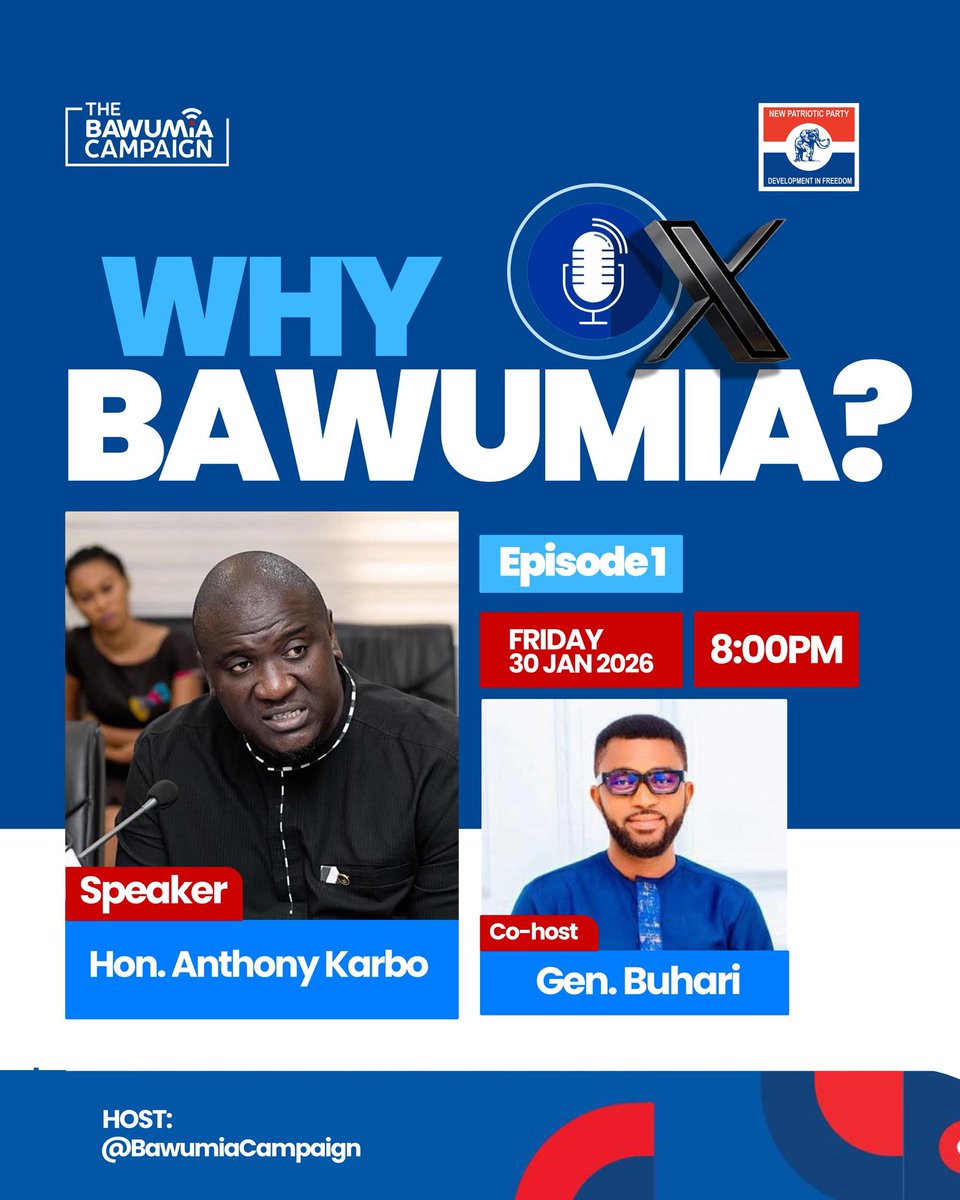 Gen_Buhari_'s tweet image. Join us this evening as we host Hon. @Anthony_Karbo, former MP for Lawra, former deputy minister for roads and highway and Former National Youth Organizer for the NPP who’s currently a senior advisor to @MBawumia’s campaign:

Let’s talk about the need to elect Bawumia.