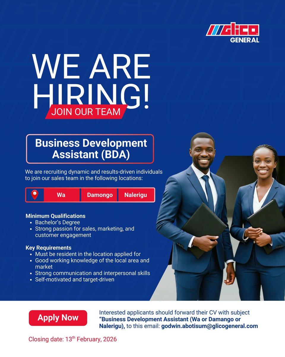 Glicogeneral's tweet image. Ready to level up? We’re building something exciting in northern Ghana, and we need you. Interested? Send us an email.

#GLICOgeneral #vacancy #careers