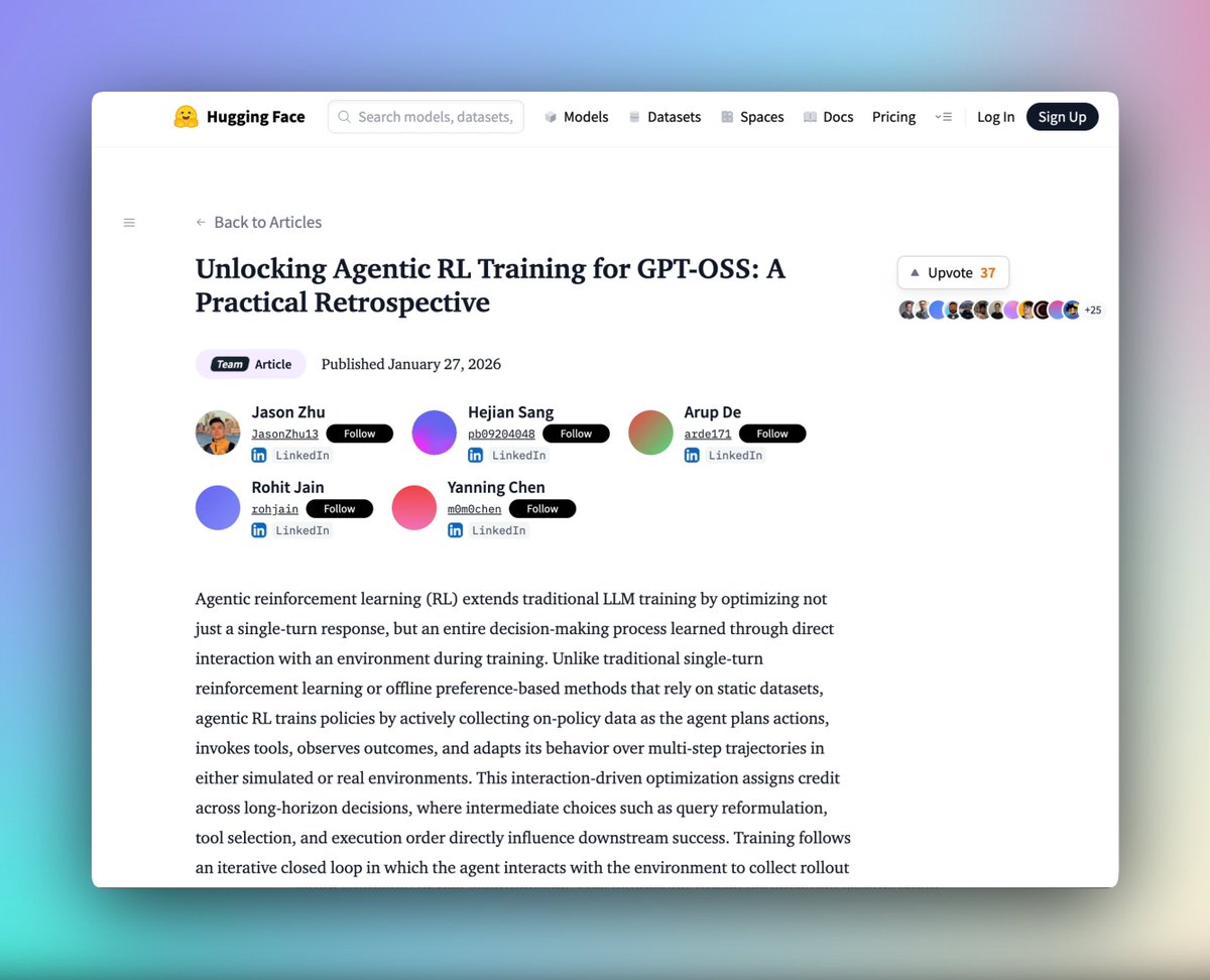 SergioPaniego's tweet photo. really solid technical read on agentic RL: detailed iterations, fixes, and lessons learned along the way!

love seeing the LinkedIn team share this kind of process 🫡

https://t.co/yktw2dQOR7 https://t.co/tAHic1RLhh