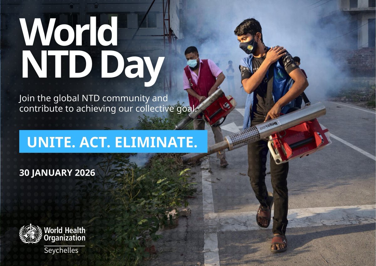 WHOSeychelles's tweet image. Today is #WorldNTDDay  

Neglected Tropical Diseases (NTDs) are responsible for 120,000 preventable deaths every year, yet often go unnoticed. 

This year's theme: Unite. Act. Eliminate.  

Together, we can end NTDs and create a healthier, more equitable world.