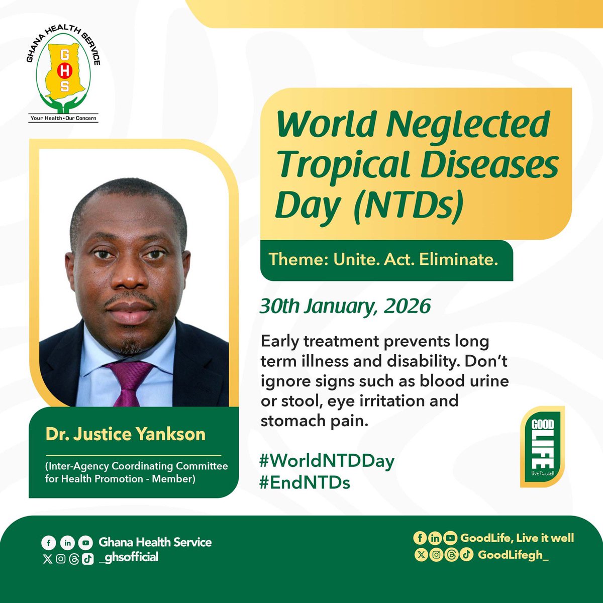 _GHSofficial's tweet image. No disease should be neglected, and no Ghanaian should be left behind. NTDs are preventable and treatable, and ending them is key to achieving health equity in Ghana.

 #WorldNTDsDay #Unite #Act  #Eliminate