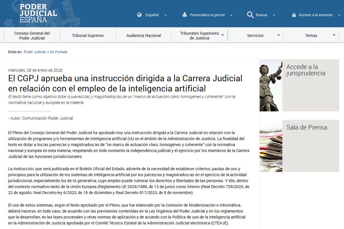 CTEAJE's tweet image. El Pleno del @PoderJudicialEs ha aprobado una instrucción dirigida a la Carrera Judicial en relación con el empleo de la #IA de acuerdo con la Política de uso de la #IA en la Administración de Justicia aprobada por el @CTEAJE 🧐
poderjudicial.es/cgpj/es/Poder-…