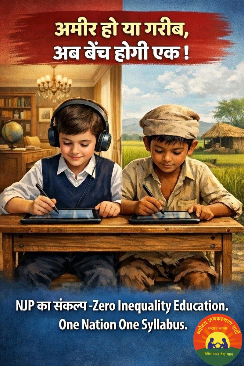 क्या आपने सोचा है? एक गरीब का बच्चा और एक करोड़पति का बच्चा एक ही किताब और एक ही गुणवत्ता के साथ पढ़ें? NJP इसे मुमकिन करेगी!
✅ Zero Inequality Education
✅ One Nation – One Curriculum (UEC)

#NJP #EducationRevolution #Vision2047