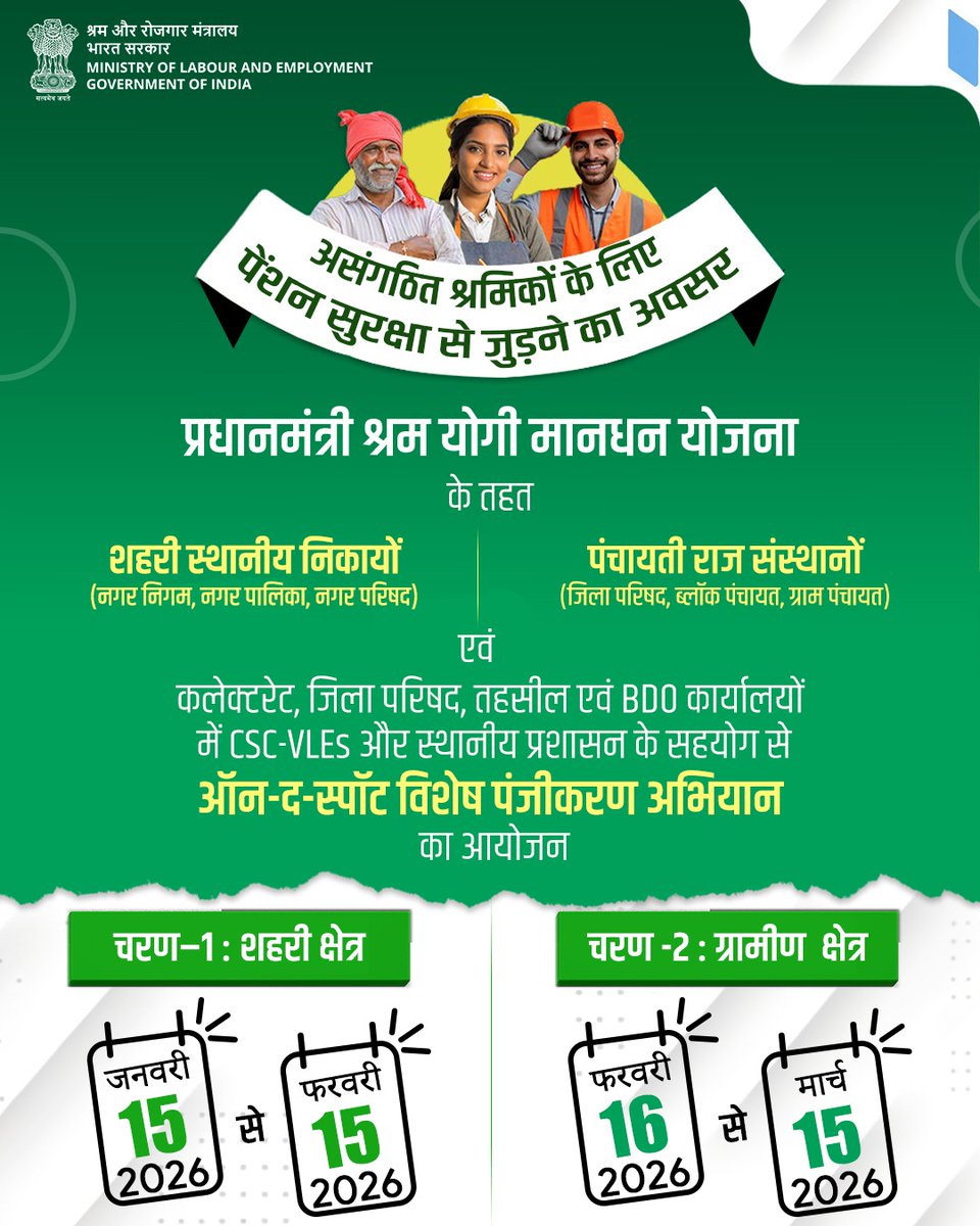 प्रधानमंत्री श्रम योगी मानधन योजना के तहत ऑन-द-स्पॉट विशेष पंजीकरण अभियान

📍 शहरी क्षेत्र: 15 जनवरी से 15 फरवरी, 2026
📍 ग्रामीण क्षेत्र: 16 फरवरी से 15 मार्च, 2026

अभियान के दौरान पंजीकरण कर अपने कल को सुरक्षित करें।