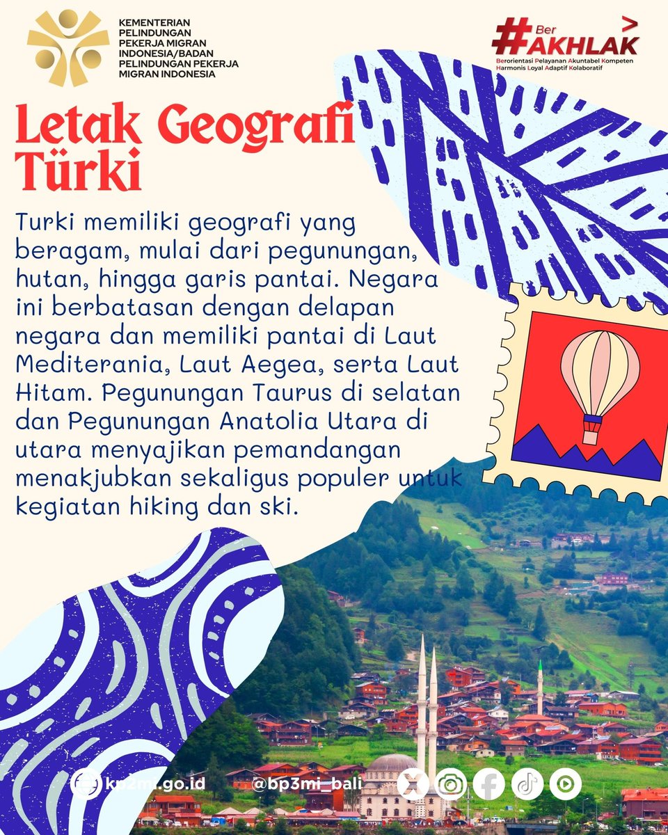 bp3mi_bali's tweet photo. Hai #Semetonmigran 
(1) Tahukah Kamu? 
Turki adalah negara unik yang menghubungkan Asia dan Eropa 🌍 Memiliki empat musim, budaya yang kaya, serta peluang kerja bagi Pekerja Migran Indonesia (PMI). Sebelum bekerja ke Turki, penting untuk tahu
🕌 Budaya &amp; adat 
🗺️ Letak geografis https://t.co/GyTS2XOmtb