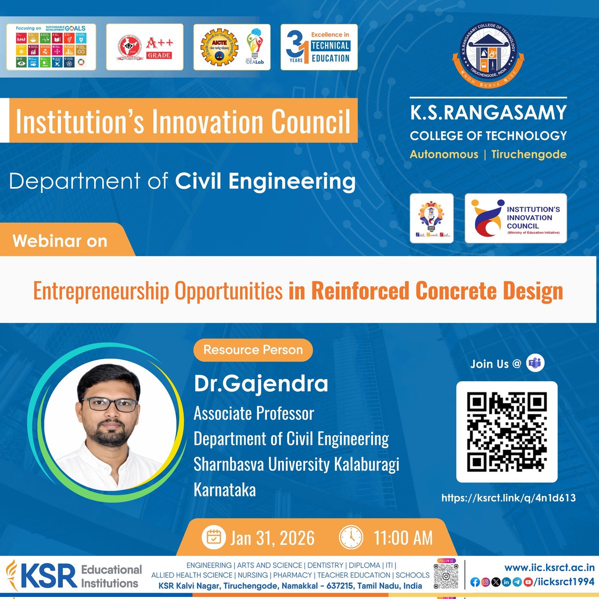 Civil Engineering, KSRCT under IIC, organize a Webinar on “Entrepreneurship Opportunities in Reinforced Concrete Design", on January 31, 2026 at 11.00 AM via Online Mode.

Meeting Link: ksrct.link/q/4n1d613 

#iicksrct1994 #ksr #ksrei #CivilEnginering #ReinforcedConcreteDesign