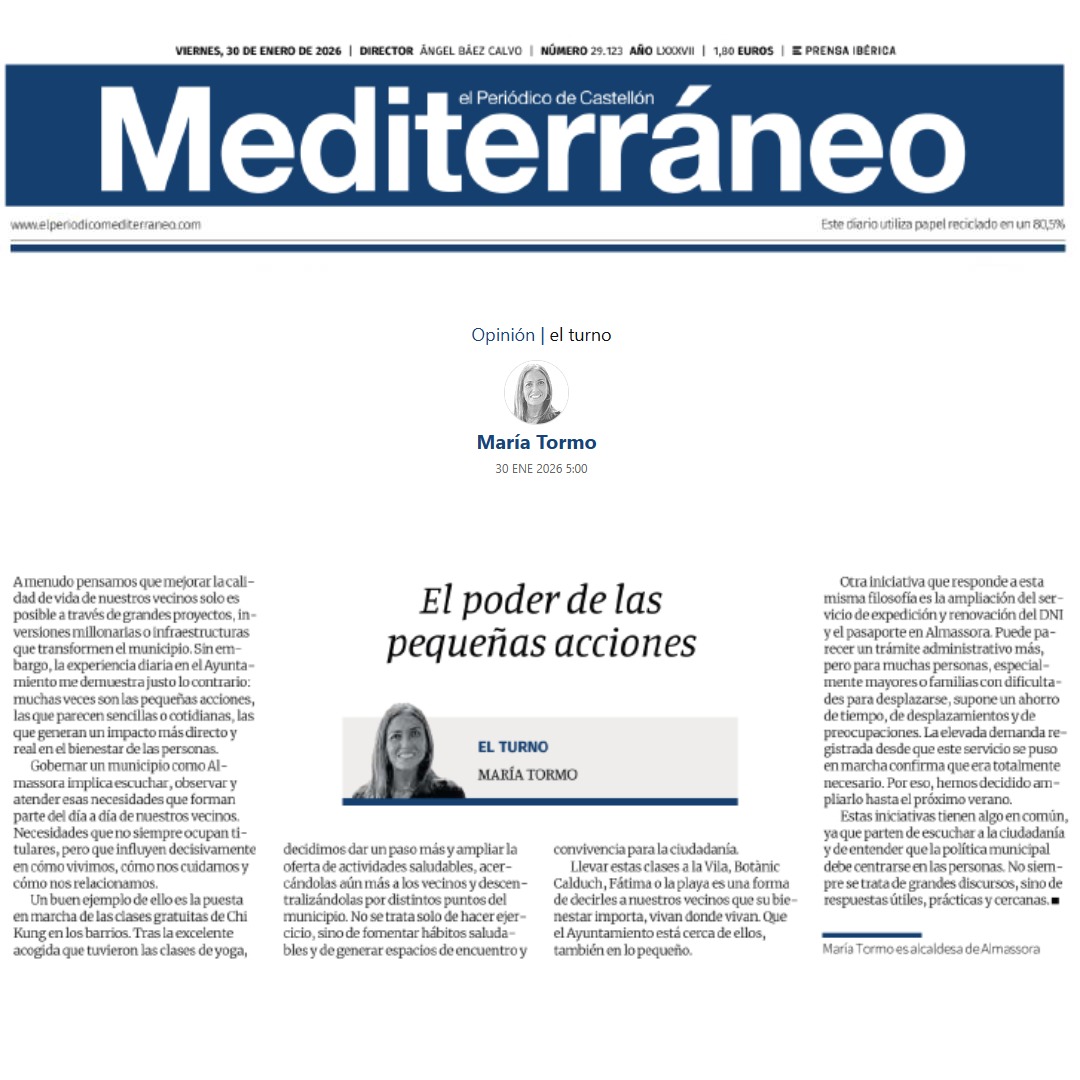 Les xicotetes accions també canvien el dia a dia.

Política útil, escoltant i donant respostes reals per continuar avançant en #Almassora.

🔗 elperiodicomediterraneo.com/opinion/2026/0…