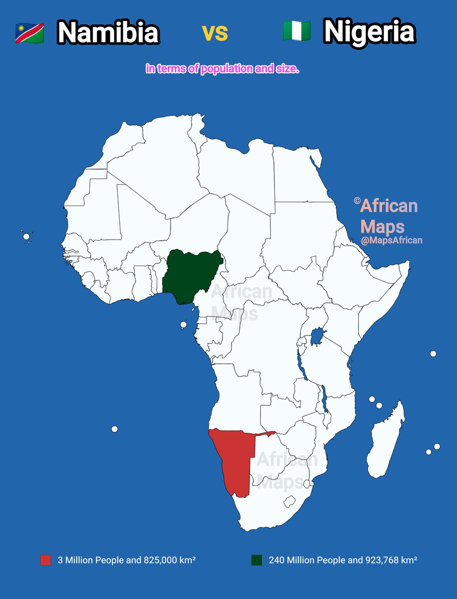 MapsAfrican's tweet image. Fun Fact: Namibia 🇳🇦 is about the same size as Nigeria 🇳🇬, but Nigeria is over 80 times more populated.