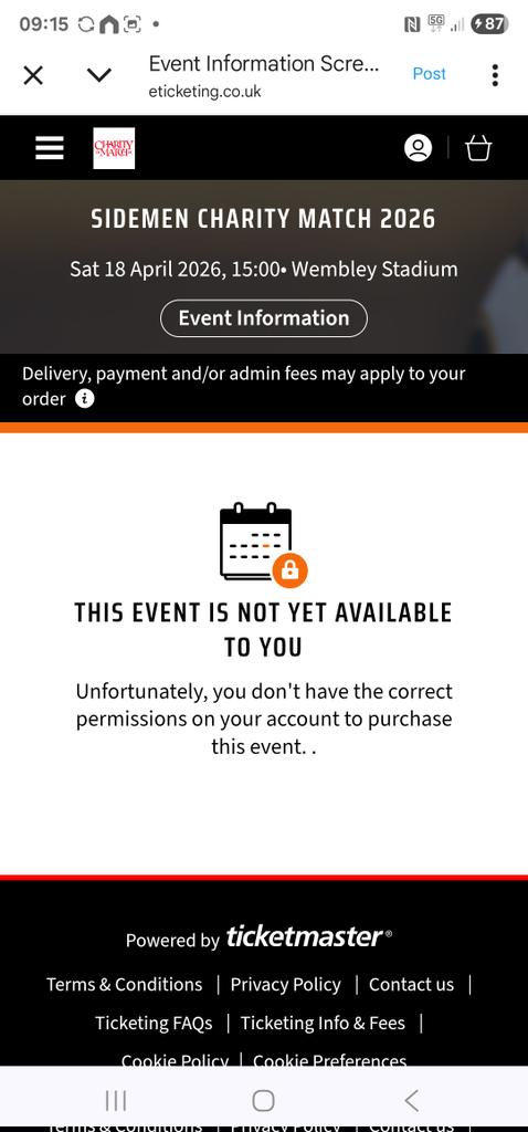 Emmagra86's tweet photo. Is anyone getting this when finally in the queue for @Sidemen charity match tickets? Got my ticket master code and subscribed to side+ but not letting me in. 😭 @TicketmasterUK why?????? https://t.co/83L4v3MiWj