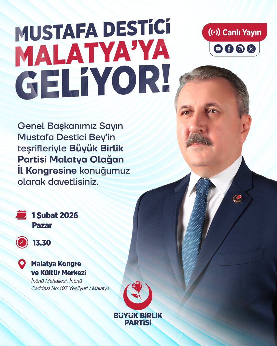 📍MALATYA🇹🇷

Genel Başkanımız Sayın Mustafa Destici'nin teşrifleriyle düzenlenecek olan #Malatya İl Kongremize tüm halkımız davetlidir.

#BirliğinveKardeşliğinKalesi 🇹🇷

🗓️1 Şubat Pazar
🕒13.30
📍Malatya Kongre ve Kültür Merkezi

📡Program, Genel Merkezimizin tüm sosyal medya