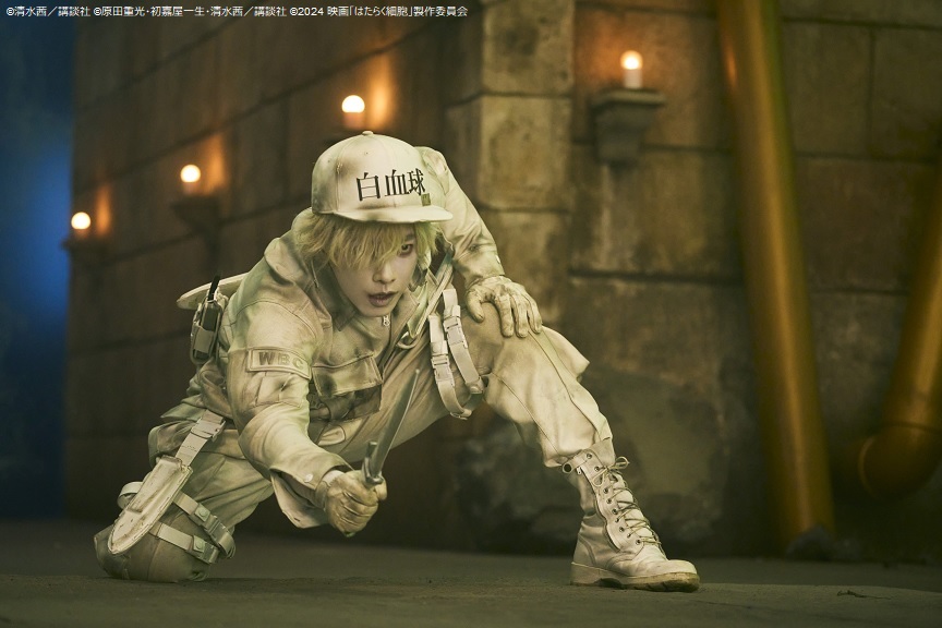 派手なアクションを表現できる長い剣や槍と違いナイフで“魅せるアクション”を作ることはとても難しいことなのだそうです。佐藤健さんは撮影の2か月ほど前からアクション練習をスタートさせ、アクション監督の大内貴仁さんとディスカッションしながら白血球(好中球)としてのアクションを構築していった