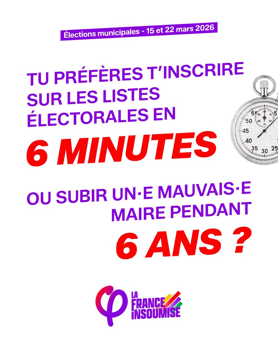 🤔 Tu préfères t’inscrire sur les listes électorales en 6 minutes ou subir un maire corrompu et déconnecté de tes besoins pendant 6 ans ?

➡️ Pour voter les 15 et 22 mars, inscris-toi : jevoteilsdegagent.fr