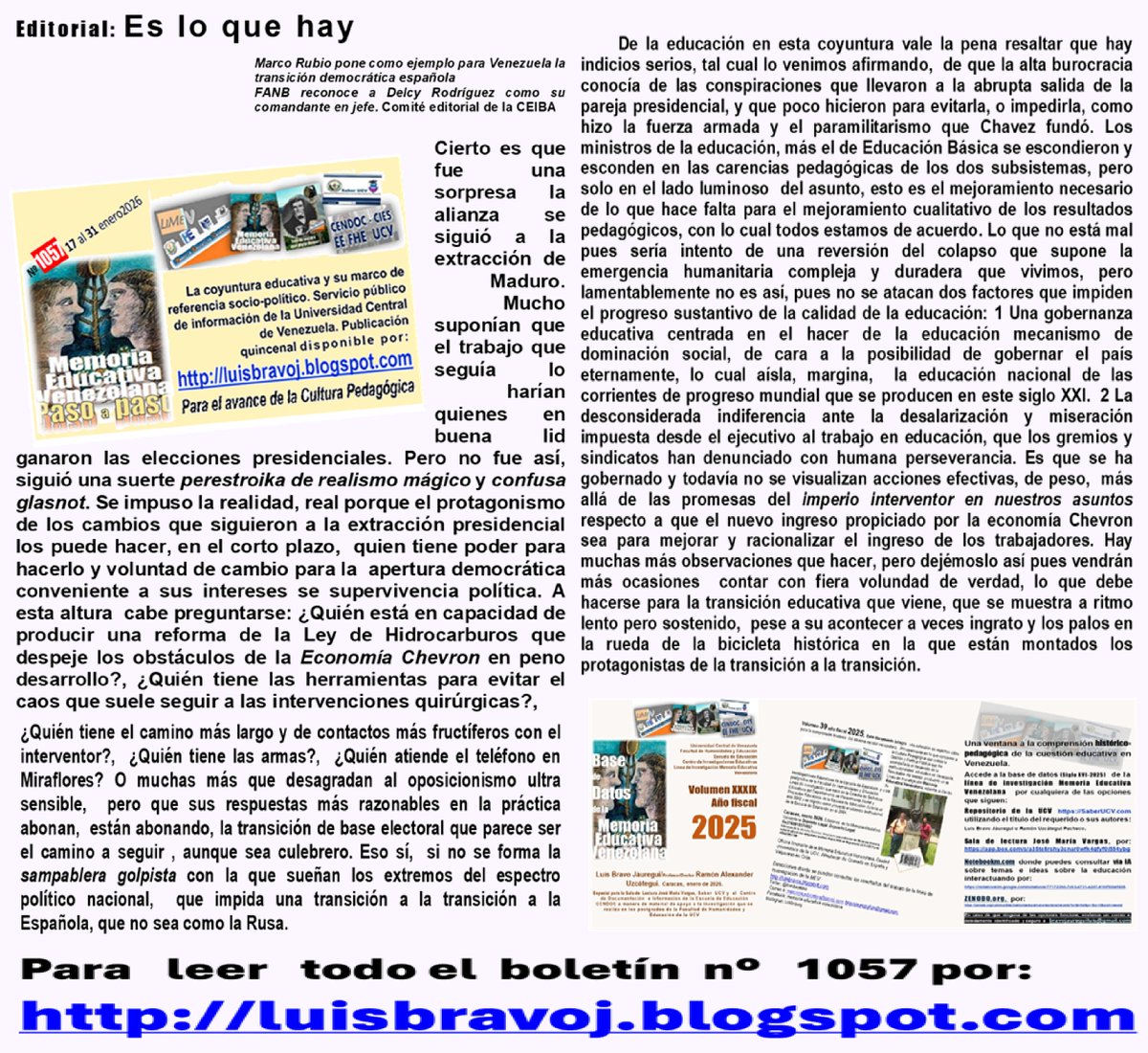 Nr. 1057 des venezolanischen Bildungsgedächtnisses, Schritt für Schritt, eine lebendige Chronik der venezolanischen Bildungsereignisse in Zeiten autoritärer Stürme, von: luisbravoj.blogspot.com