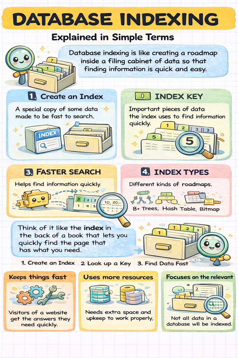 DATABASE INDEXING IN SYSTEM DESIGN

→ Database Indexing is a performance optimization technique that allows databases to find rows faster without scanning the entire table
→ Acts like a book index → jump directly to the needed page instead of reading every page
→ Critical for