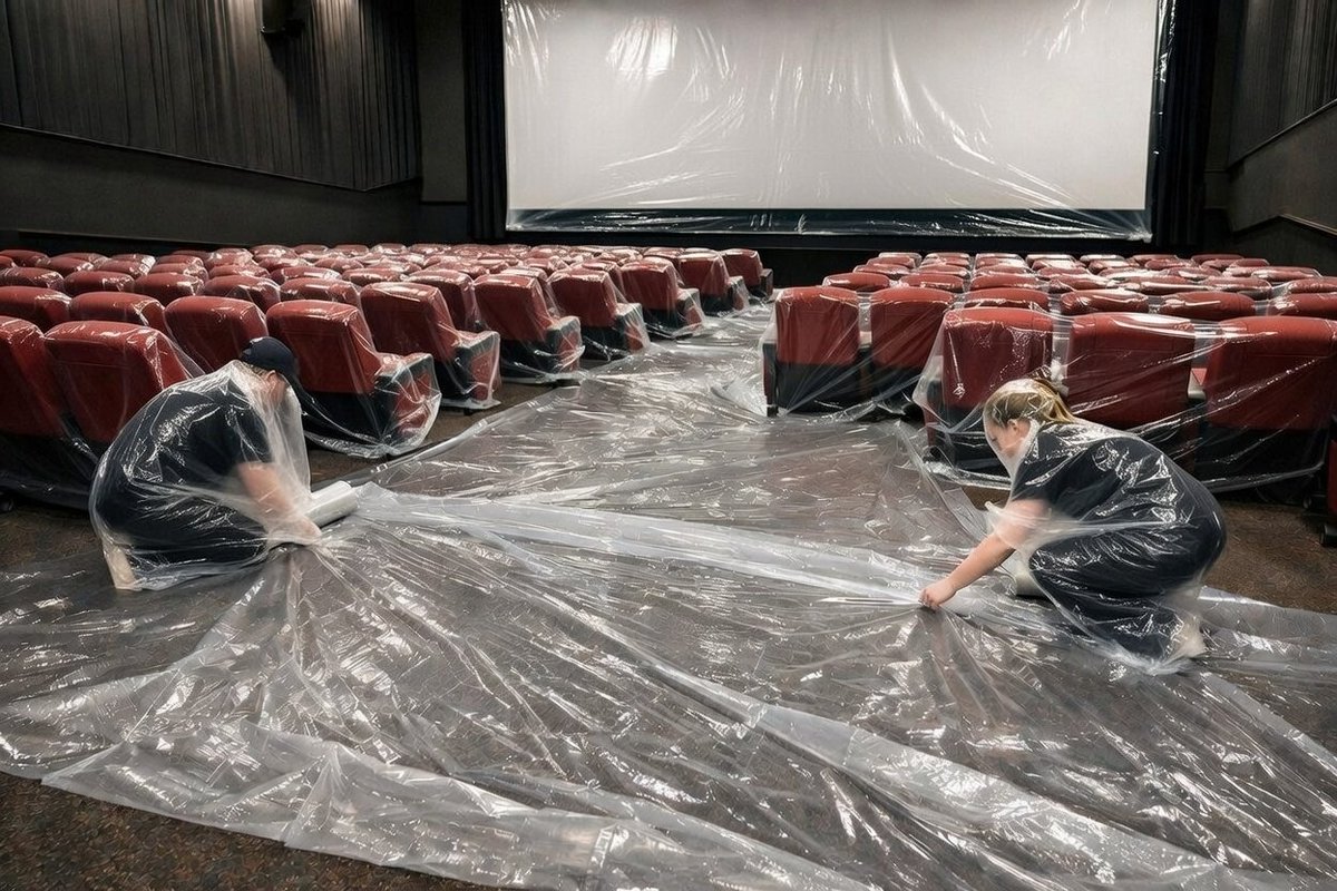 lianyoubushou's tweet photo. Movie theater staff covering everything with plastic ahead of screening the Melania movie. https://t.co/SOhca2cGx8