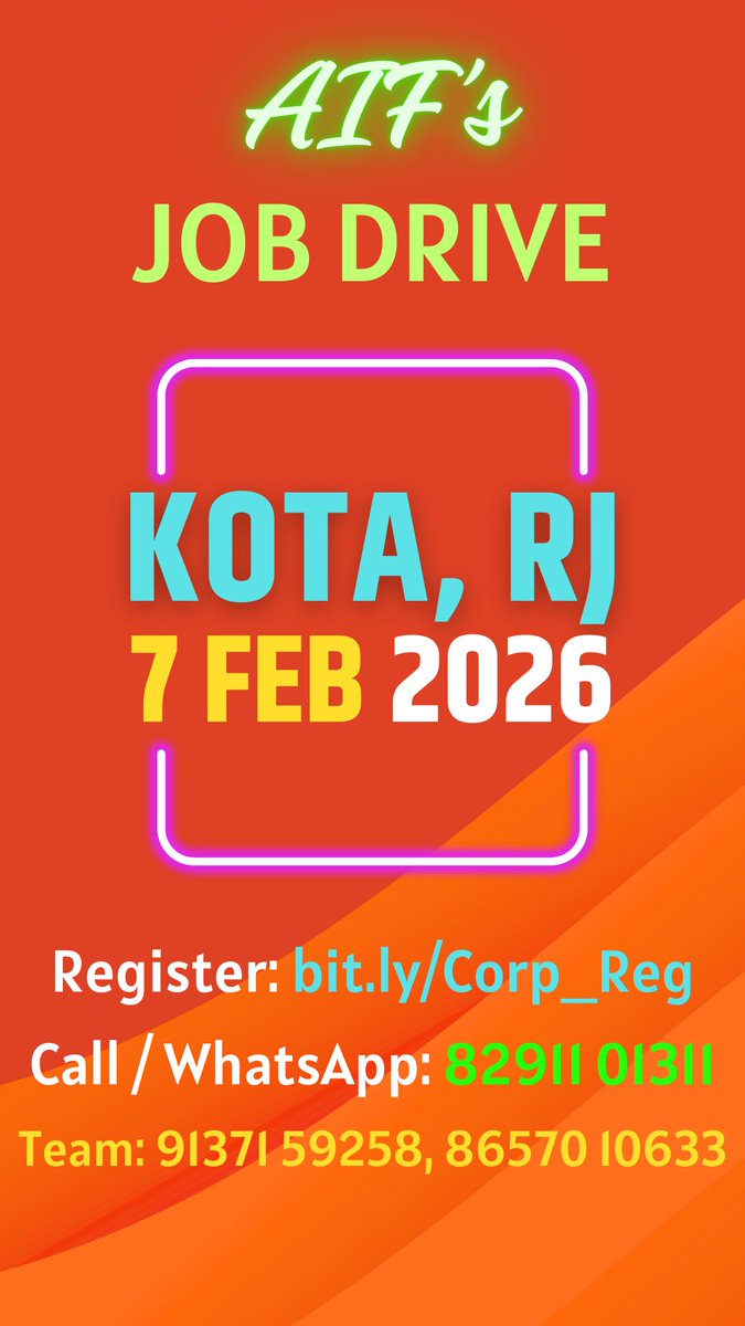 Kota Job Drive with 250+ candidate footfalls from diverse sectors.

Few corporate participation slots are still open for HR teams looking to connect with ready-to-work candidates.

Register your interest here: zurl.co/Aw2m9 .

#JobDrive #HiringEvent #career  #kota