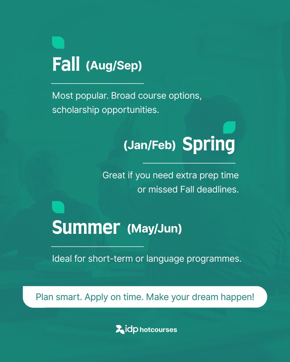hotcoursesindia's tweet image. Fall, Spring, or Summer, choose the intake that works best for you.
Read our full guide on university intakes in the USA, UK, Canada, and Australia.👉 bit.ly/3Q2sDxe
#StudyAbroad #FallIntake #SpringIntake