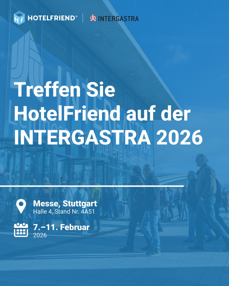 📢 We’re heading to INTERGASTRA 2026

Meet HotelFriend in Stuttgart
📅 7–11 February
📍 Messe Stuttgart
🏢 Hall 4, Stand Nr. 4A51

👉 Pre-book a meeting:
 hotelfriend.com/b/hotelfriend-…