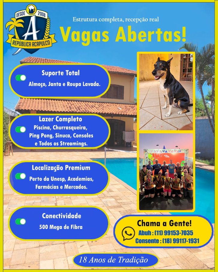 Aproveitando que a primeira chamada da Unesp saiu, se vc ainda não sabe onde vc vai passar os melhores anos da sua vida, venha morar na Rep Acapulco, a maior e melhor rep de Bauru