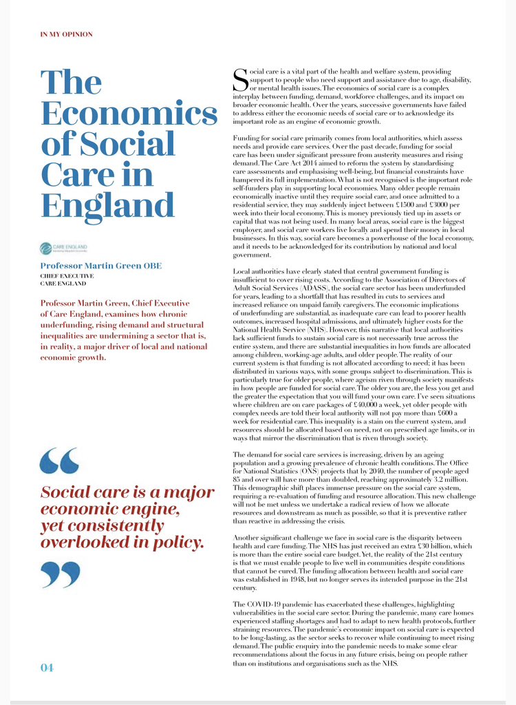 CareTalkMag's tweet photo. In this issue:  𝐓𝐡𝐞 𝐄𝐜𝐨𝐧𝐨𝐦𝐢𝐜𝐬 𝐨𝐟 𝐒𝐨𝐜𝐢𝐚𝐥 𝐂𝐚𝐫𝐞 𝐢𝐧 𝐄𝐧𝐠𝐥𝐚𝐧𝐝
⬇️

@ProfMartinGreen @CareEngland explores why chronic underfunding, rising demand &amp; inequality are undermining #socialcare—despite its vital economic impact

https://t.co/1KolGcCoNj PG 4 https://t.co/ey2Qc7jUe2