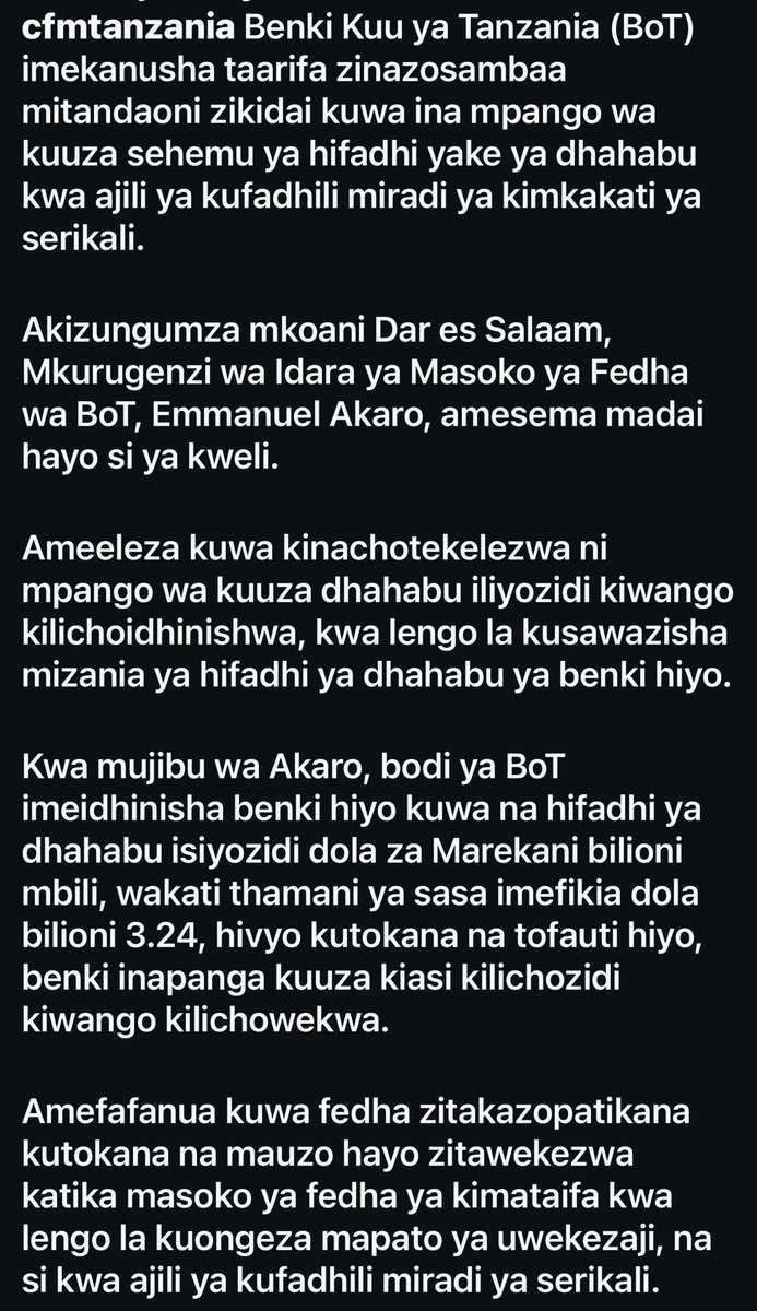 godbless_lema's tweet photo. Kauli ya BoT inachochea maswali zaidi kuliko majibu. Dhahabu “imezidi kiwango” si tatizo, kwani dunia nzima inaongeza hifadhi yake kama ngao dhidi ya hatari za dola, siasa za kimataifa, na mishtuko ya kifedha. Dhahabu si asset ni akiba ya taifa yenye uthabiti. Kuuza kwa sababu thamani imepanda ni sawa na kuuza insurance kabla hatari haijatokea. Central banks makini huongeza dhahabu inapopanda bei, si kuuza

Fedha zinazotokana na mauzo ya dhahabu kwenda masoko ya fedha ya kimataifa ni hatari. Masoko hayo yana currency risk, interest rate risk, na counterparty risk, wakati dhahabu haina issuer risk. Hivyo, central banks hazifukuzi yield, bali zinalinda uthabiti wa taifa. Tatizo si mauzo yenyewe, bali mindset, kuangalia dhahabu kama trading asset badala ya ngao ya taifa. Uchumi wa kweli ni kwa watu wanaoelewa mishtuko ya dunia na dhahabu ni kinga, si mzigo.