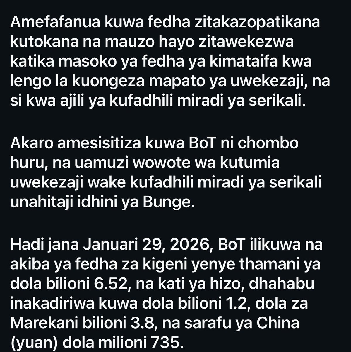 godbless_lema's tweet photo. Kauli ya BoT inachochea maswali zaidi kuliko majibu. Dhahabu “imezidi kiwango” si tatizo, kwani dunia nzima inaongeza hifadhi yake kama ngao dhidi ya hatari za dola, siasa za kimataifa, na mishtuko ya kifedha. Dhahabu si asset ni akiba ya taifa yenye uthabiti. Kuuza kwa sababu thamani imepanda ni sawa na kuuza insurance kabla hatari haijatokea. Central banks makini huongeza dhahabu inapopanda bei, si kuuza

Fedha zinazotokana na mauzo ya dhahabu kwenda masoko ya fedha ya kimataifa ni hatari. Masoko hayo yana currency risk, interest rate risk, na counterparty risk, wakati dhahabu haina issuer risk. Hivyo, central banks hazifukuzi yield, bali zinalinda uthabiti wa taifa. Tatizo si mauzo yenyewe, bali mindset, kuangalia dhahabu kama trading asset badala ya ngao ya taifa. Uchumi wa kweli ni kwa watu wanaoelewa mishtuko ya dunia na dhahabu ni kinga, si mzigo.
