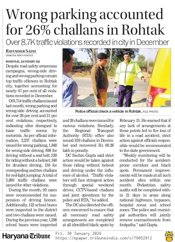 rsainiscribe's tweet image. Wrong parking accounted for 26% challans in Rohtak  
#Traffic #Haryana #Vehicles @RohtakPolice @thetribunechd 
tribuneindia.com/news/haryana/w…