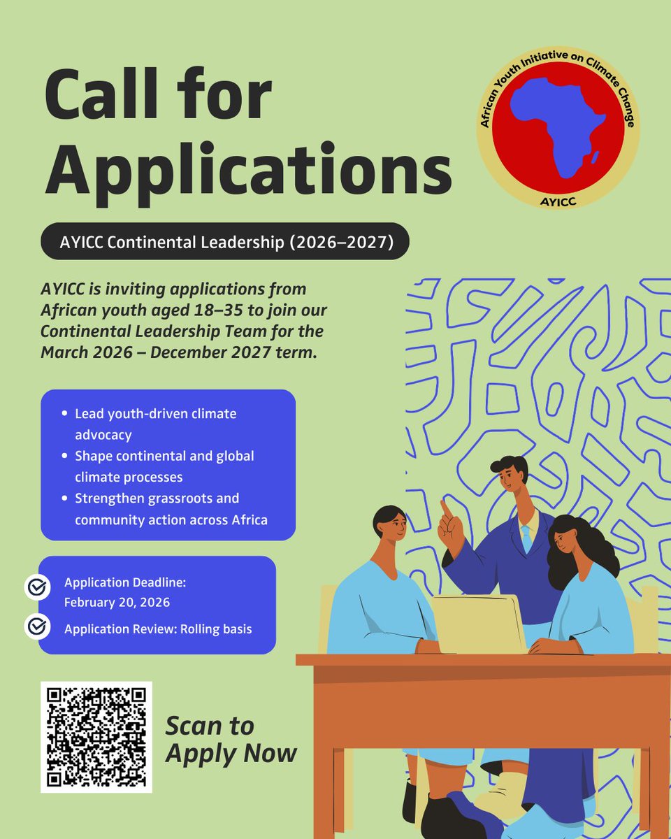 <a href="/AYICC/">𝗔𝗬𝗜𝗖𝗖 𝗔𝗙𝗥𝗜𝗖𝗔</a> invites passionate African youth aged 18–35 to apply for its Continental Leadership Team (March 2026–December 2027) to lead youth-driven climate advocacy, shape continental and global processes, and strengthen grassroots action across Africa, with applications closing on