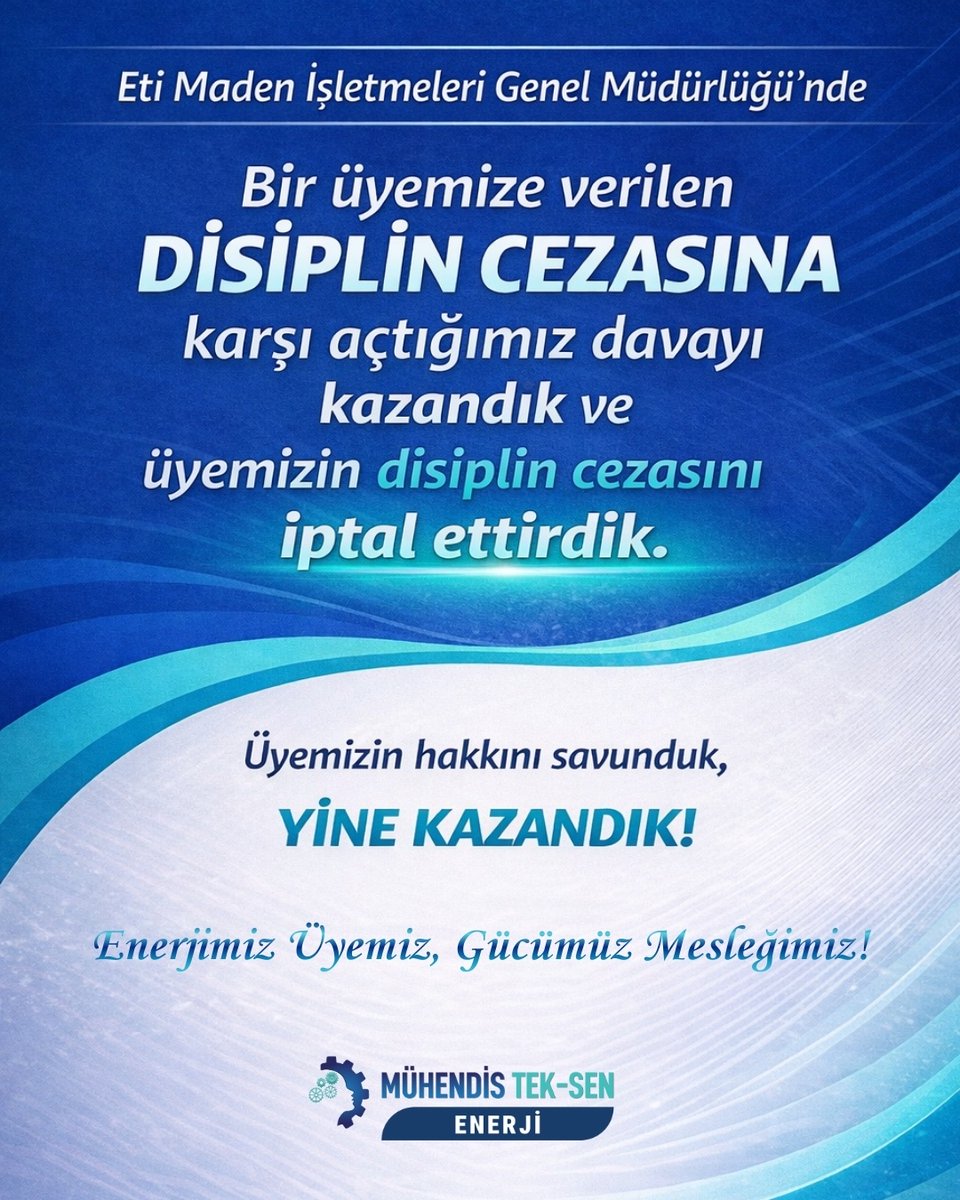 Eti Maden İşletmeleri Genel Müdürlüğünde bir üyemiz hakkında uygulanan disiplin cezasına karşı yürüttüğümüz hukuki süreci başarıyla sonuçlandırdık.
Açtığımız dava kazanılmış, disiplin cezası iptal edilmiştir.

Üyemizin yanında durduk, hakkını savunduk, bir kez daha kazandık.