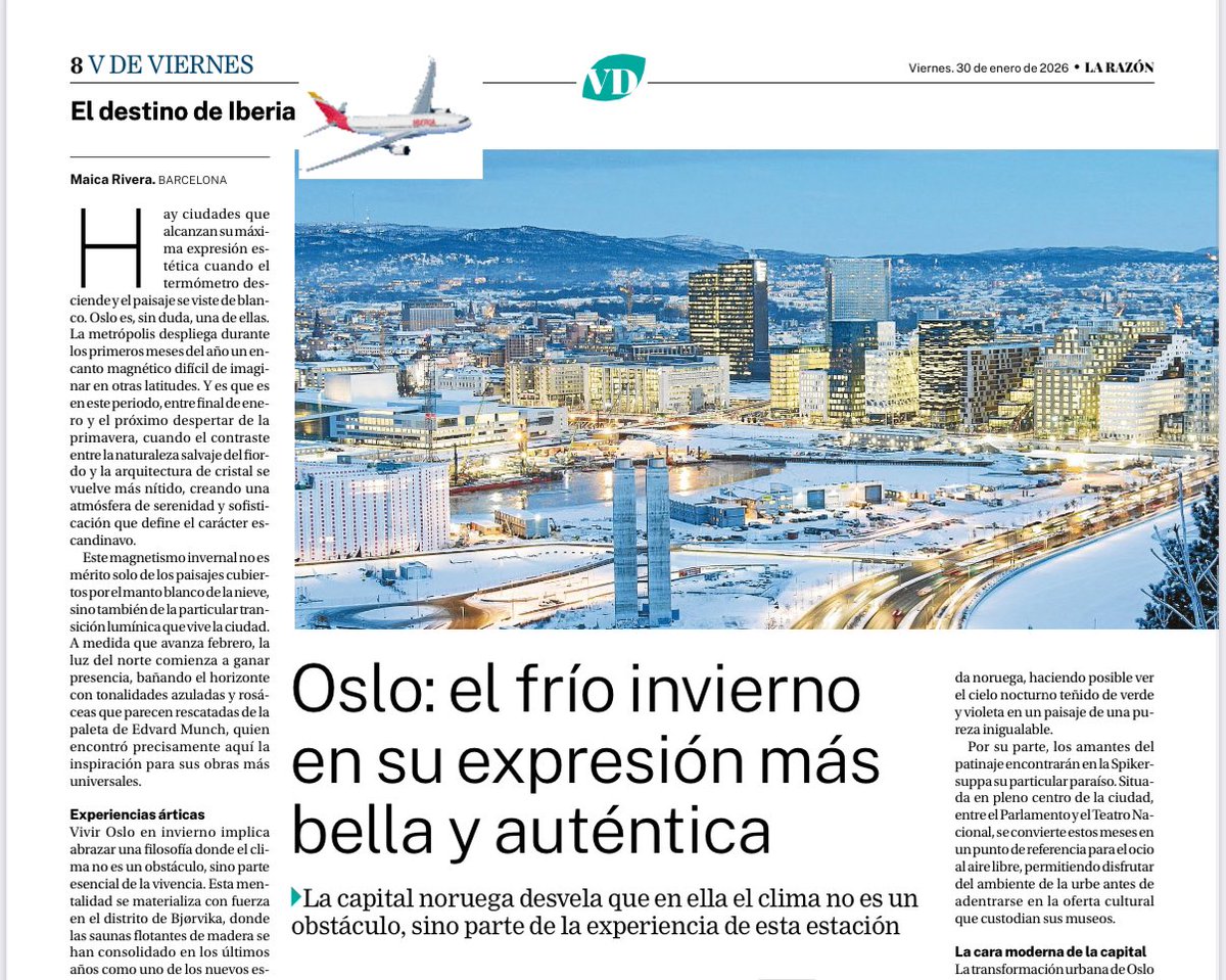 Hay destinos que alcanzan su máxima belleza en invierno: #Oslo 🇳🇴
¡Mi artículo ✍️ de hoy en <a href="/larazon_es/">La Razón</a> !
*En edición impresa, y en digital 👉 larazon.es/viajes/oslo-in…
#viajar #Noruega ✈️