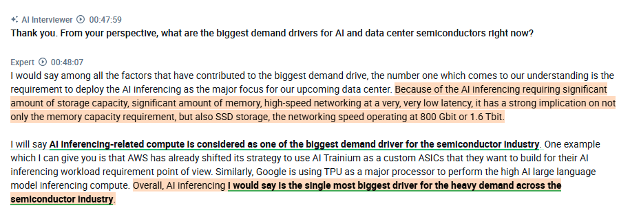 RihardJarc's tweet photo. A must-read interview with an employee at a hyperscalers explaining what the bottlenecks in terms of semis and data centers look like today ( $AMZN, $MSFT, $GOOGL):

1.  According to him, right now HBM is considered the most critical commodity and is facing the most severe supply constraint. Because of that, HBM is commanding one of the highest price margins. He believes HBM will remain in very tight supply even for the next 2-3 years. In terms of margins, he thinks companies such as $MU, SK Hynix, and Samsung will be able to have even 70-80% price margins.

2.  He mentions that even $TSM is struggling right now with achieving the high yield level at two nm and 1.8 nm. The three nm-based node, even today, is considered one of the most high-yielding generating nodes and one that is being used to manufacture the majority of the semiconductors. The problem with 3nm is that it has higher power consumption and does not provide the level of price that they are looking for.

3.  According to him, $TSM has promised that for a 2nm node, they want to reach yield levels around 80% by early 2026, but they are right now still operating at 65-70% yield.

4.  He is confident that the demand for semis will continue to rise in the next 3-6 months and that if the supply situation doesn't improve, the supply/demand gap will be even wider than it is today.

5.  HBM has been the biggest reason why they have delays and longer lead times across categories.

6.  According to him, the players that are gaining the largest market share are $NVDA, $AVGO, $ARM, $AMD, and $GOOGL. In the HBM market, he thinks SK Hynix is gaining the most share, while Samsung is the number one player in DDR and will continue to dominate there.

7.  The biggest driver of demand right now is AI inferencing. AI inferencing requires a significant amount of storage capacity, memory, and high-performance networking at a very, very low latency. Implications are strong not only on memory capacity requirements but also on SSD storage and networking speed.

found on @AlphaSenseInc