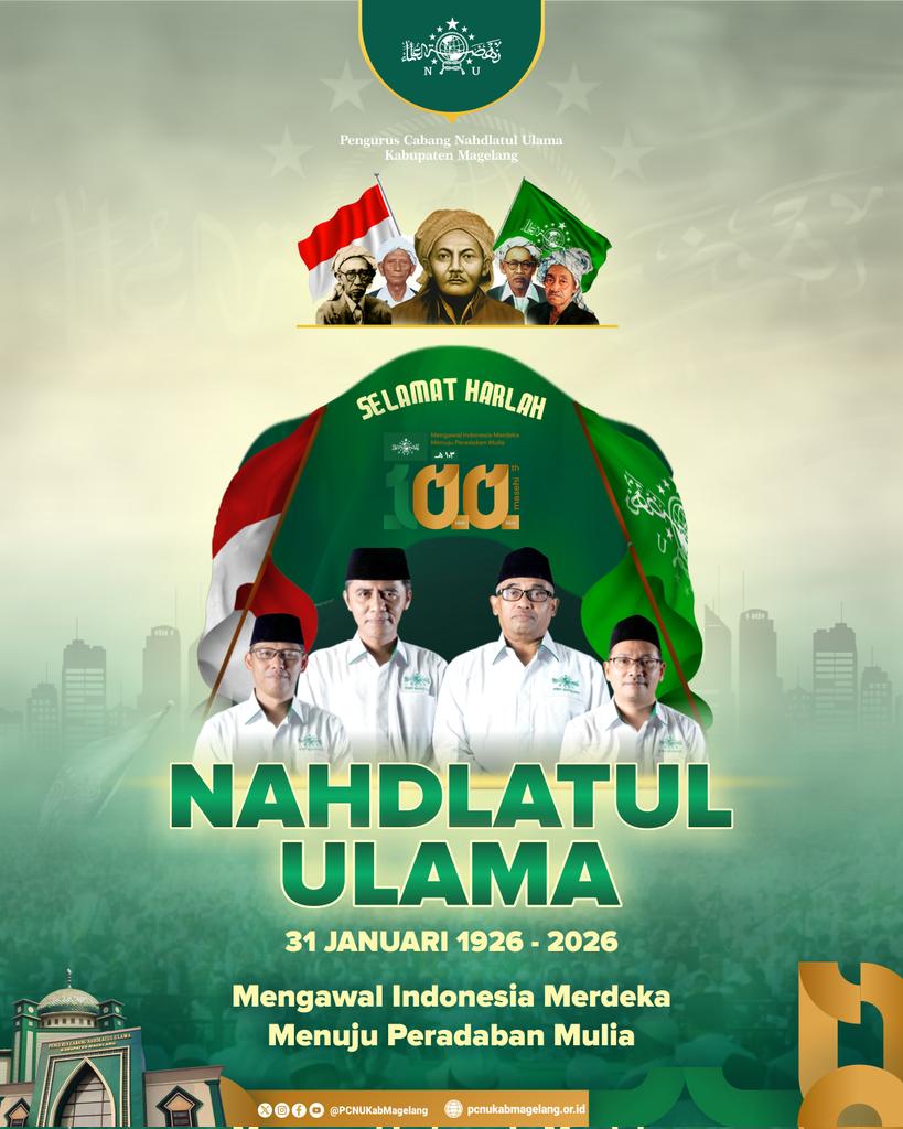 Selamat memperingati Harlah 1 Abad NU (versi penanggalan masehi).

Usia 100 tahun hanyalah angka, tetapi istiqomah adalah jiwa.

Mari teguhkan khidmat untuk umat dan bangsa, Mengawal Indonesia Merdeka Menuju Peradaban Mulia.

#pcnukabmagelang 
#nahdlatululama 
#harlahnu