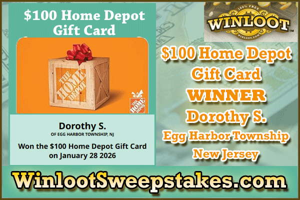Dorothy S. of Egg Harbor Township, New Jersey, is the #winner of the $100 Home Depot Gift Card on January 28, 2026! Congrats!🏆

✔️Enter WinlootSweepstakes: ow.ly/E0I650Y62uQ
100% Free to #win up to $5,000,000!🆓