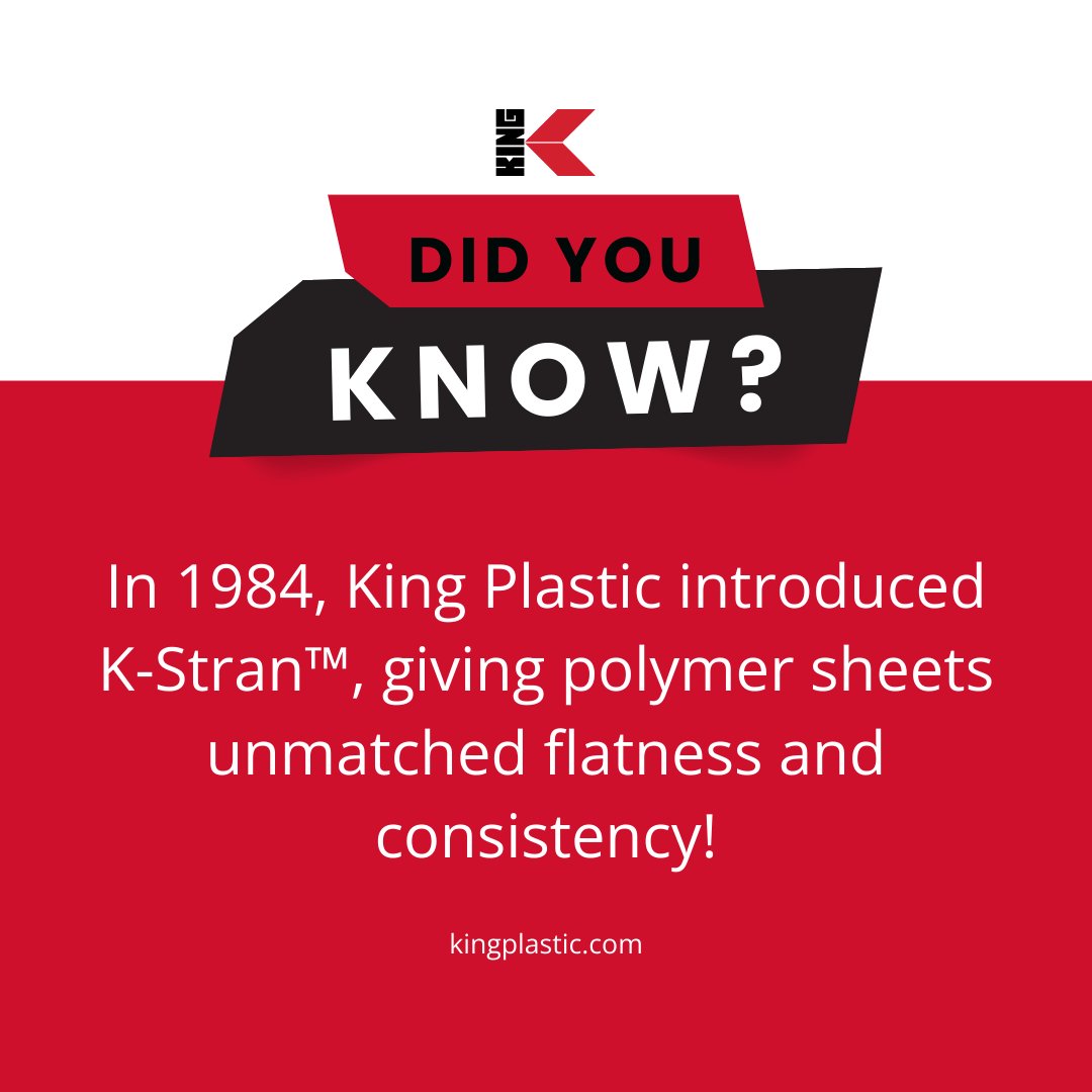 KingPlastic's tweet image. In 1984, King Plastic developed K-Stran™—a breakthrough manufacturing process that raised the bar for flatness and consistency in polymer sheets. It’s one of the innovations that continues to earn the trust of fabricators around the world.
#KingPlastic #KStran #1984 #MadeToLast